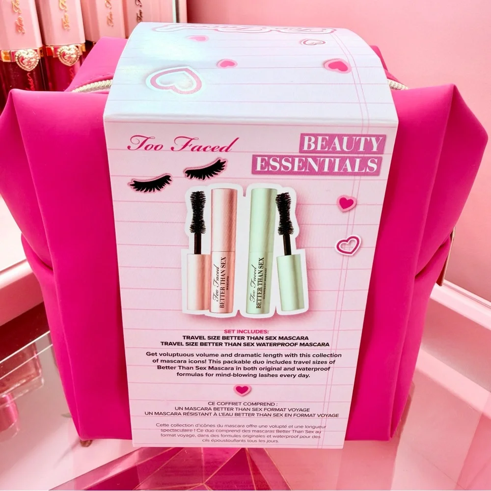 Hot Pink Too Faced Mini Makeup Bag Mini 2 Piece Better Than Sex Mascara Set